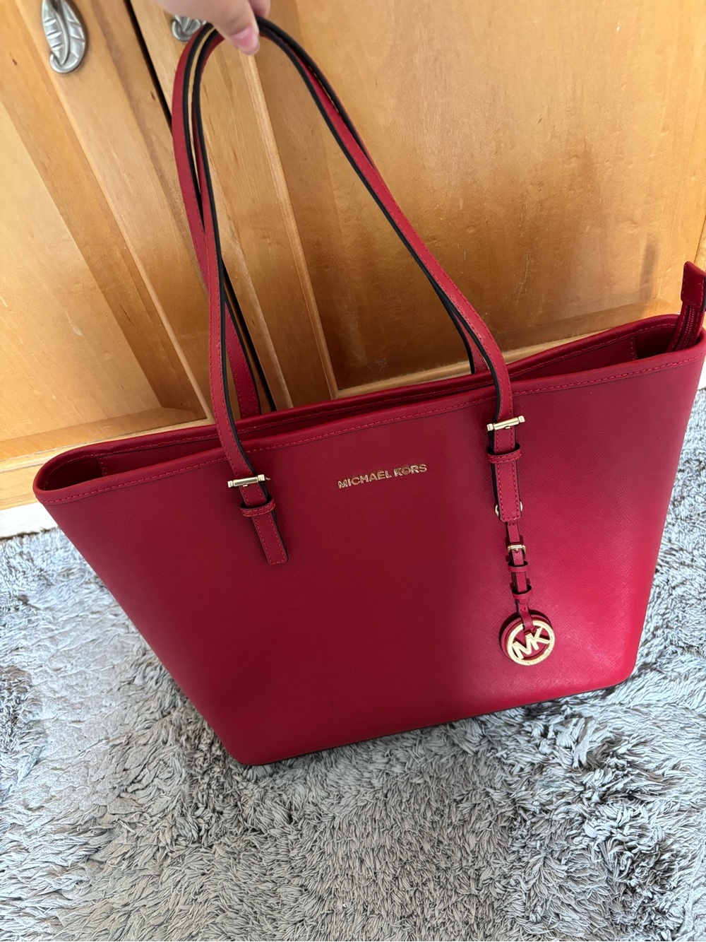Michael Kors Cherry Red Leather Tote with Gold Hardware